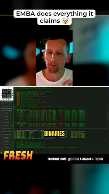 The same moment as a finished vertical Short: hook line at the top, the speaker framed on his own face, the terminal readable below, karaoke captions and a branded bar.